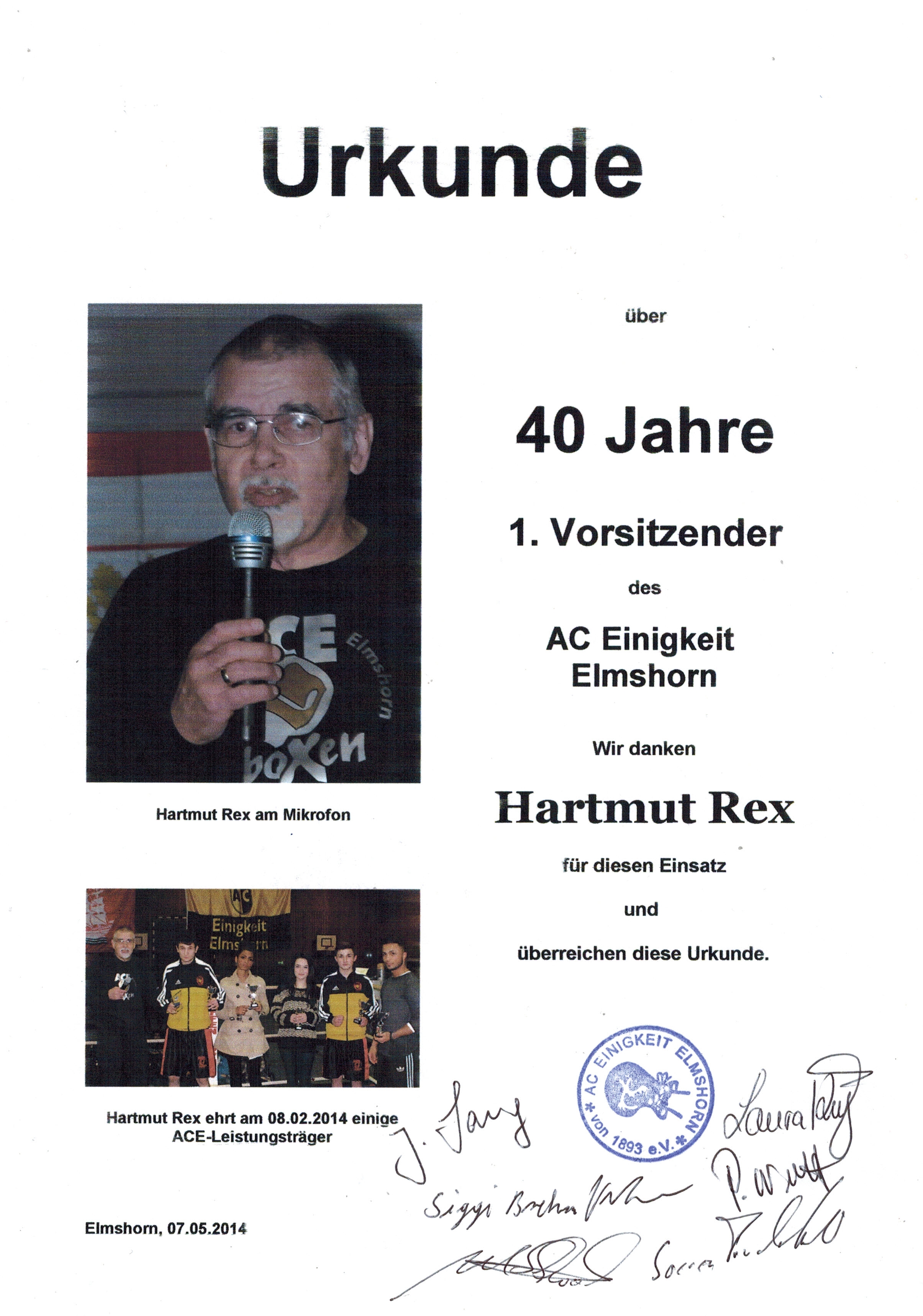 Hartmut Rex - Urkunde zu 40 Jahre 1. Vorsitzender